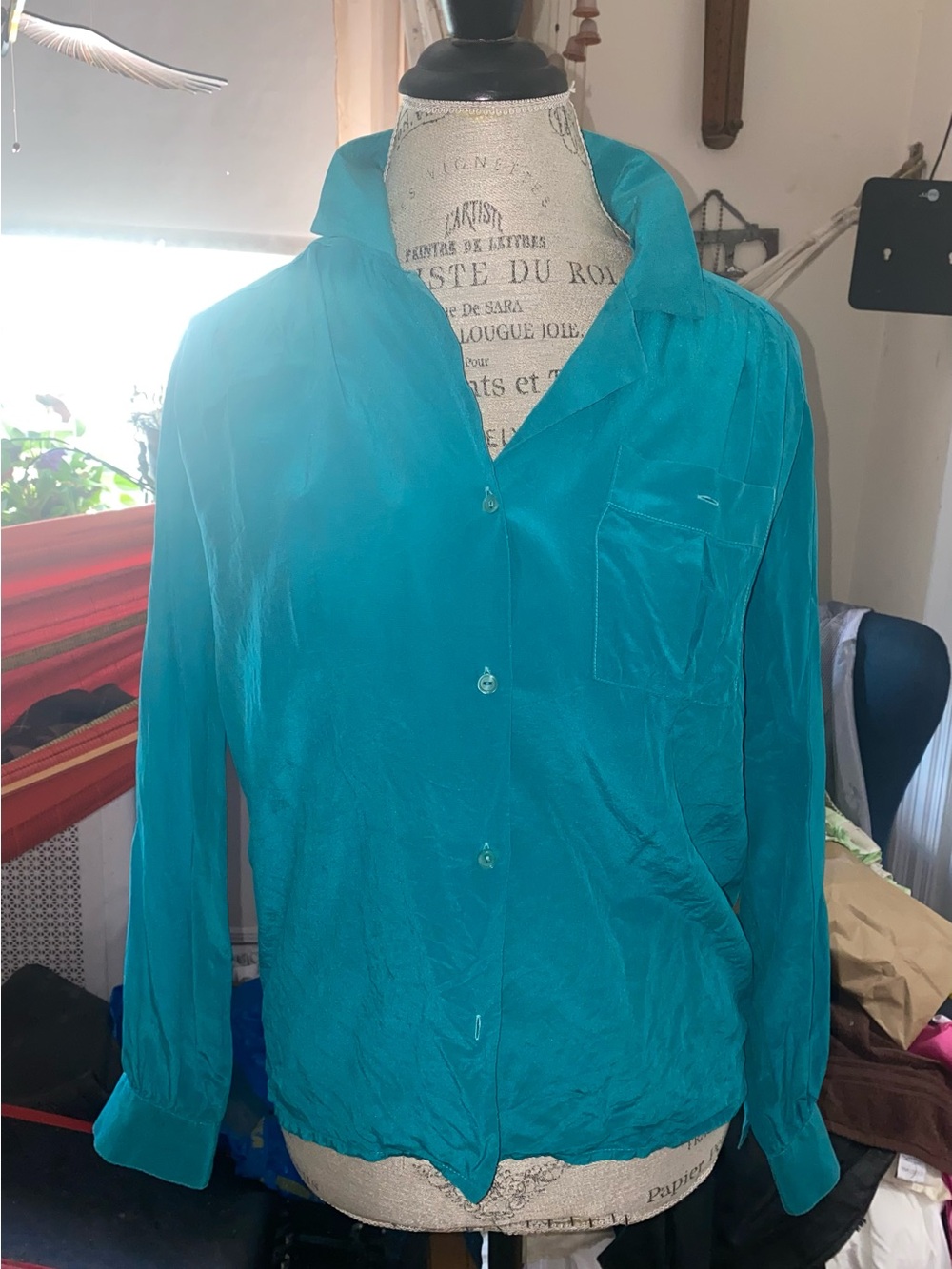 La Blouse Women’s Teal Button Down Top- 100% Silk Size 10